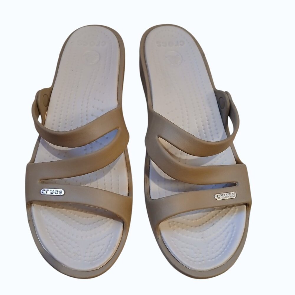 NWOT CROCS Patricia Wedge Tan Strappy Slip-On Coastal Sandals - Picture 2 of 12